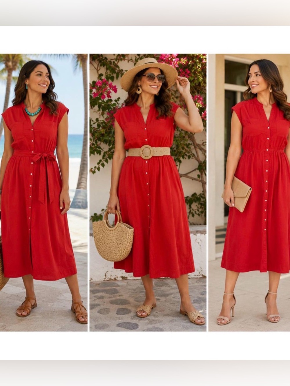 Free Assembly Women’s Red Button-Front Midi Dress with Cap Sleeves
